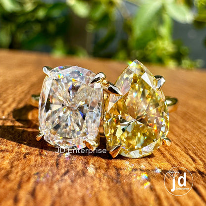 Cushion & Pear Cut Moissanite Ring, Toi Et Moi Engagement Ring, Canary Yellow or Colorless Two Stone Anniversary Ring, Vintage Wedding Ring