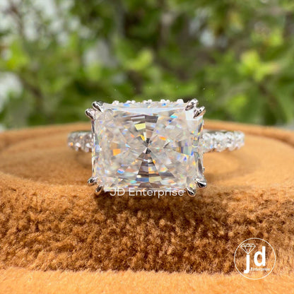 3.06 TW Radiant Cut Moissanite Engagement Ring, East to West Set Double Prong, Hidden Halo Wedding Ring, Bridge Pave Set Anniversary Gift