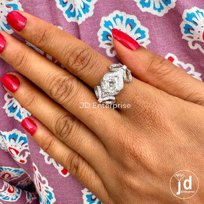 2.50 CT Step Cut Cushion Vintage Inspired Engagement Ring, Classic Bow Style Bridal Ring, Antique Moissanite Charm Ribbon Anniversary Ring