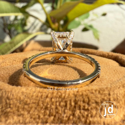 Elongated Radiant Cut Moissanite Hidden Halo Engagement Ring, Pave Wedding Ring for Her, Anniversary Gifts for Women, Accent Bridal Ring