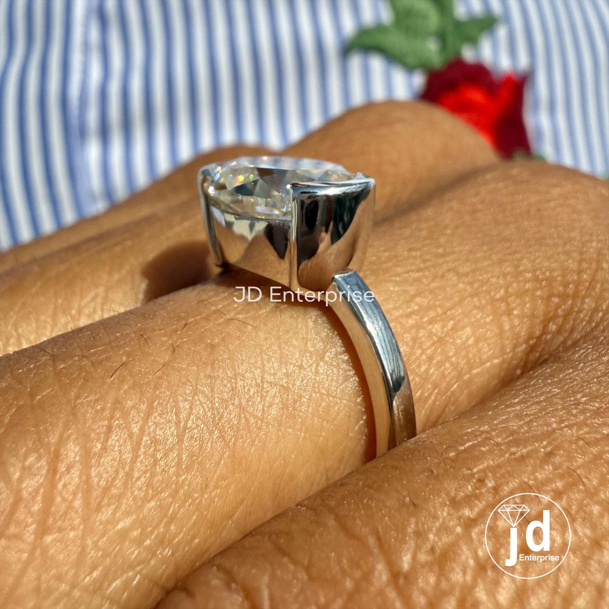 Old Mine Oval Cut Half Bezel Set Engagement Ring, 3.20 CT Near Colorless Solitaire Moissanite Wedding Ring, Euro Shank Ring, Bridal Ring