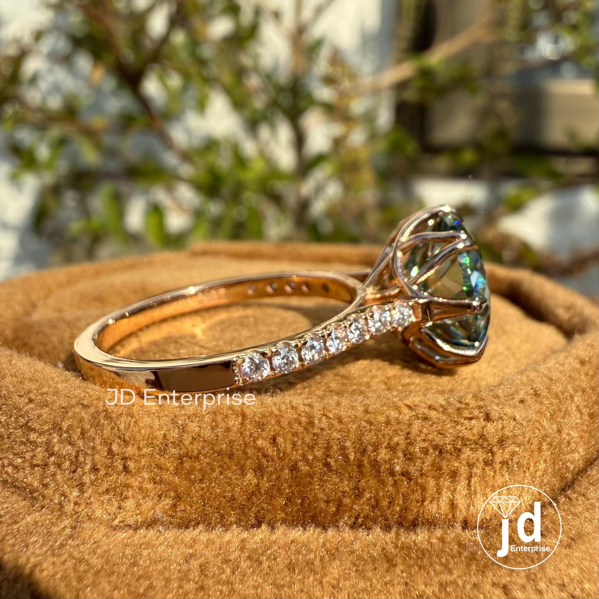 Vintage Engagement Ring, 4.00 CT Portuguese Cut Cyan Blue Moissanite Ring, Claw Prongs Rose Gold Wedding Ring, Accent Anniversary Gifts