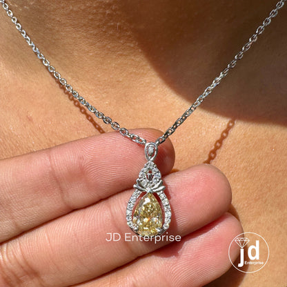 Canary Yellow Moissanite Charm Pendant Necklace, 1.50 CT Pear Cut Cluster Halo Wedding Necklace, Engagement/Anniversary/Birthday Gifts