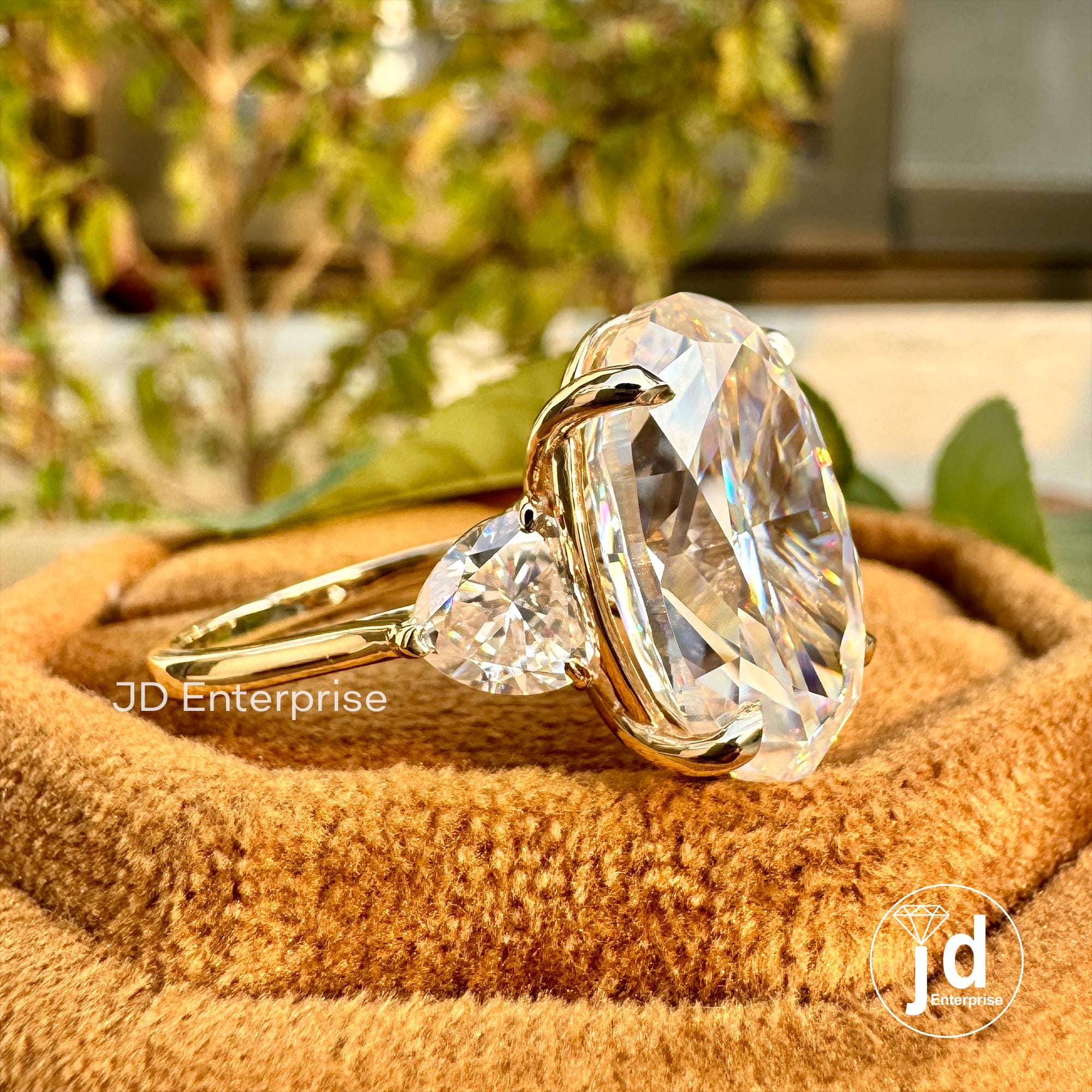Three Stone Oval Engagement Ring, Luxury Wedding Ring, 13.50 TCW Oval & Heart Shape Celebrity Style Bridal Ring, Large Oval Yellow Gold Ring