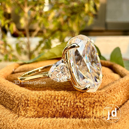 Three Stone Oval Engagement Ring, Luxury Wedding Ring, 13.50 TCW Oval & Heart Shape Celebrity Style Bridal Ring, Large Oval Yellow Gold Ring