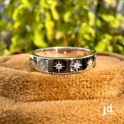 Moissanite Starburst Wedding Band Ring, Solid Gold Solitaire Anniversary Band, Pave Celestial Ring Women, Minimalist Stackable Matching Band