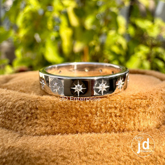Moissanite Starburst Wedding Band Ring, Solid Gold Solitaire Anniversary Band, Pave Celestial Ring Women, Minimalist Stackable Matching Band
