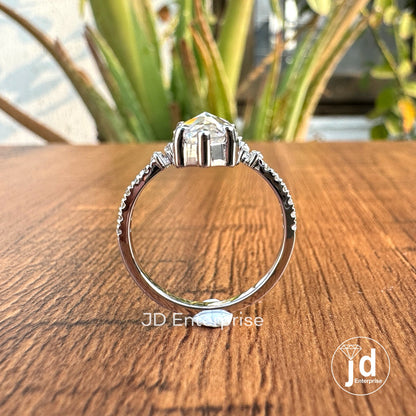 1.50 CT Colorless Rose Cut Pear Moissanite Vintage Ring, With Marquise Cut Curved Band, Solitaire Pear Wedding Ring, Solid Gold Bridal Ring