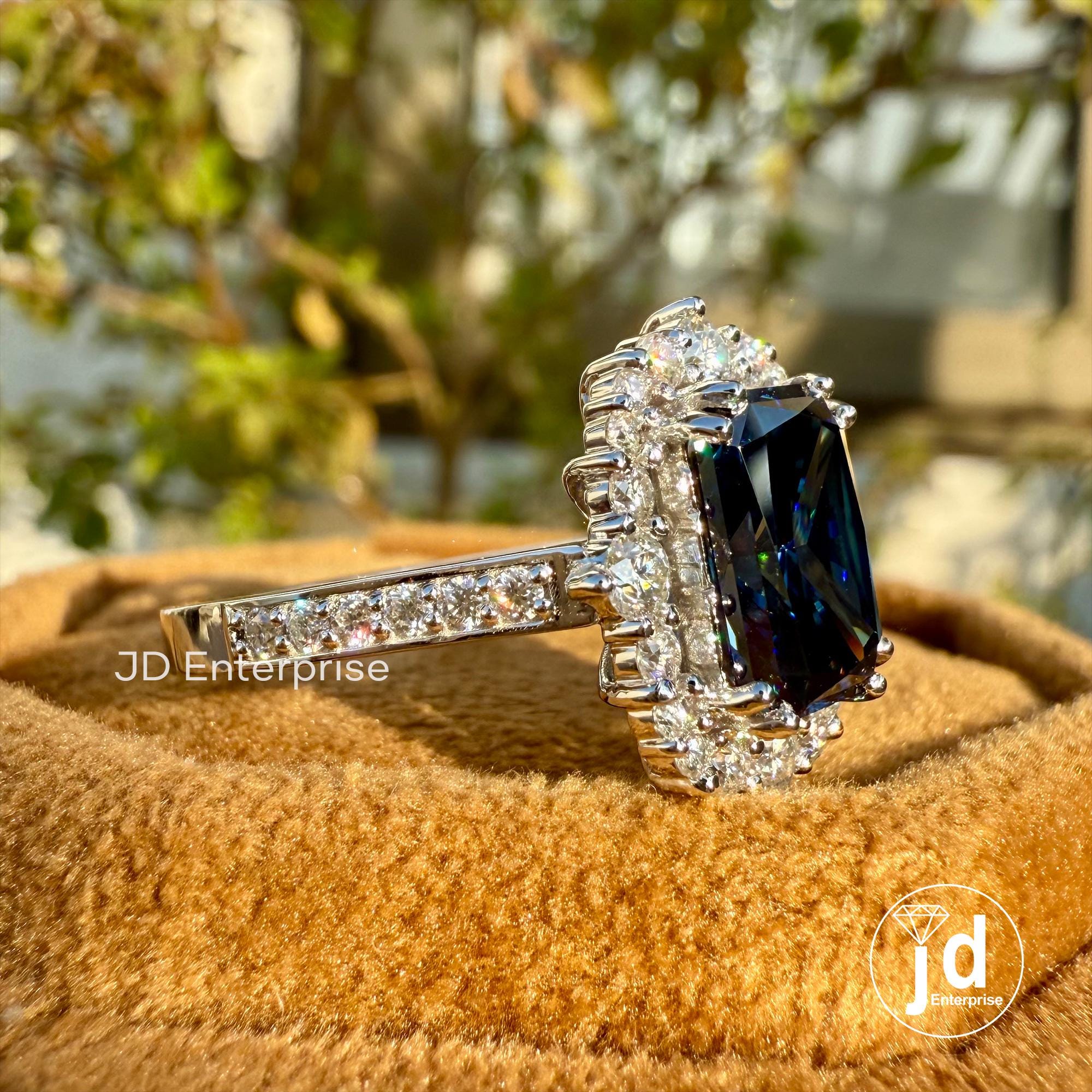 Vintage Engagement Ring, 3.12 TCW Radiant Cut Dark Blue Moissanite Wedding Ring, Flower Style Halo Ring, Double Prongs, Anniversary Gift
