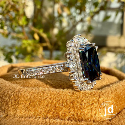 Vintage Engagement Ring, 3.12 TCW Radiant Cut Dark Blue Moissanite Wedding Ring, Flower Style Halo Ring, Double Prongs, Anniversary Gift