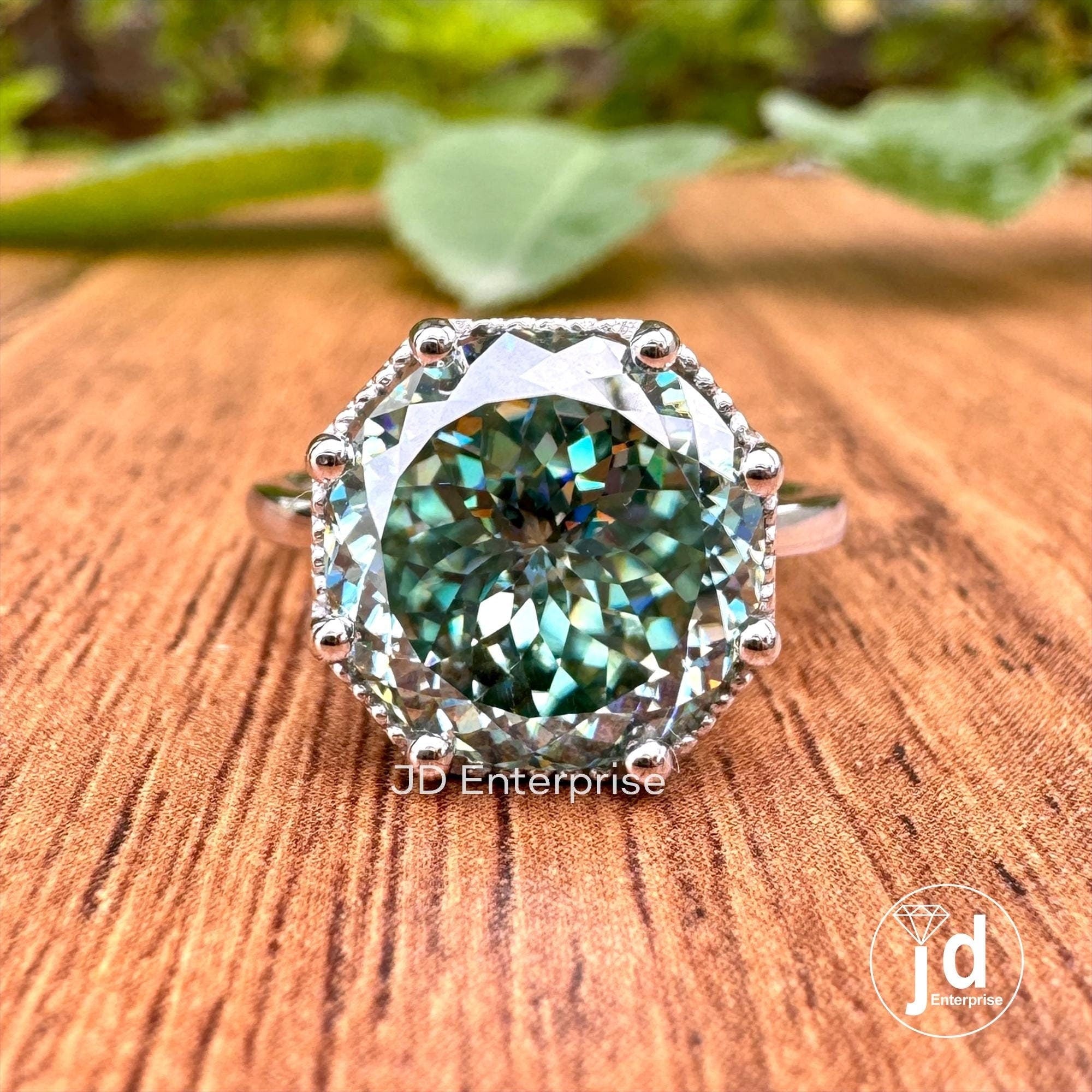 5.0CT Portuguese Cut Bluegreen Moissanite Engagement Ring, Solitaire Moissanite Ring, Milgrain Set Anniversary Ring Eight Prong Wedding Ring