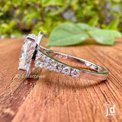 Antique Portuguese Oval Cut Moissanite Engagement Ring, Pave Split Shank Wedding Ring, Halo Ring, Bride Ring, Anniversary Ring, Promise Ring