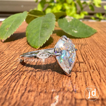 2.75 TCW Antique Colorless Pear Cut Moissanite Engagement Ring, Compass set Prong Wedding Ring, Vintage Style Handcrafted Anniversary Ring