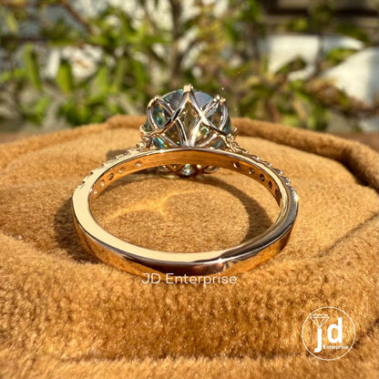 Vintage Engagement Ring, 4.00 CT Portuguese Cut Cyan Blue Moissanite Ring, Claw Prongs Rose Gold Wedding Ring, Accent Anniversary Gifts