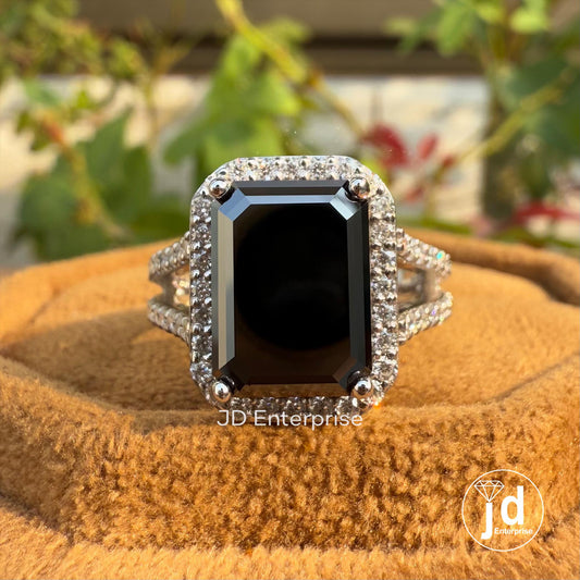 Emerald Cut Rich Deep Black Moissanite Halo Engagement Ring, Split Shank Pave Moissanite Wedding Ring for Her, Anniversary Gift, Bridal Ring
