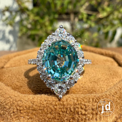 3.00 CT Blue Oval Step Cut Moissanite Engagement Ring, Cluster Halo Wedding Ring, Pave Set Bridal Ring, Anniversary Gifts Ring, Promise Ring