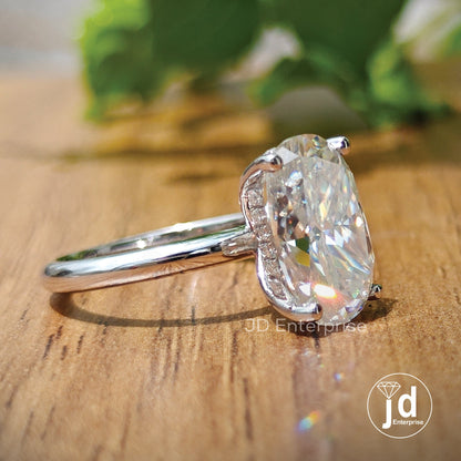 Vintage Hidden Halo 3.5 TCW Oval Cut Moissanite Engagement Ring, Oval Wedding Ring, Solitaire Bridal Ring, Anniversary Gifts, Promise Ring
