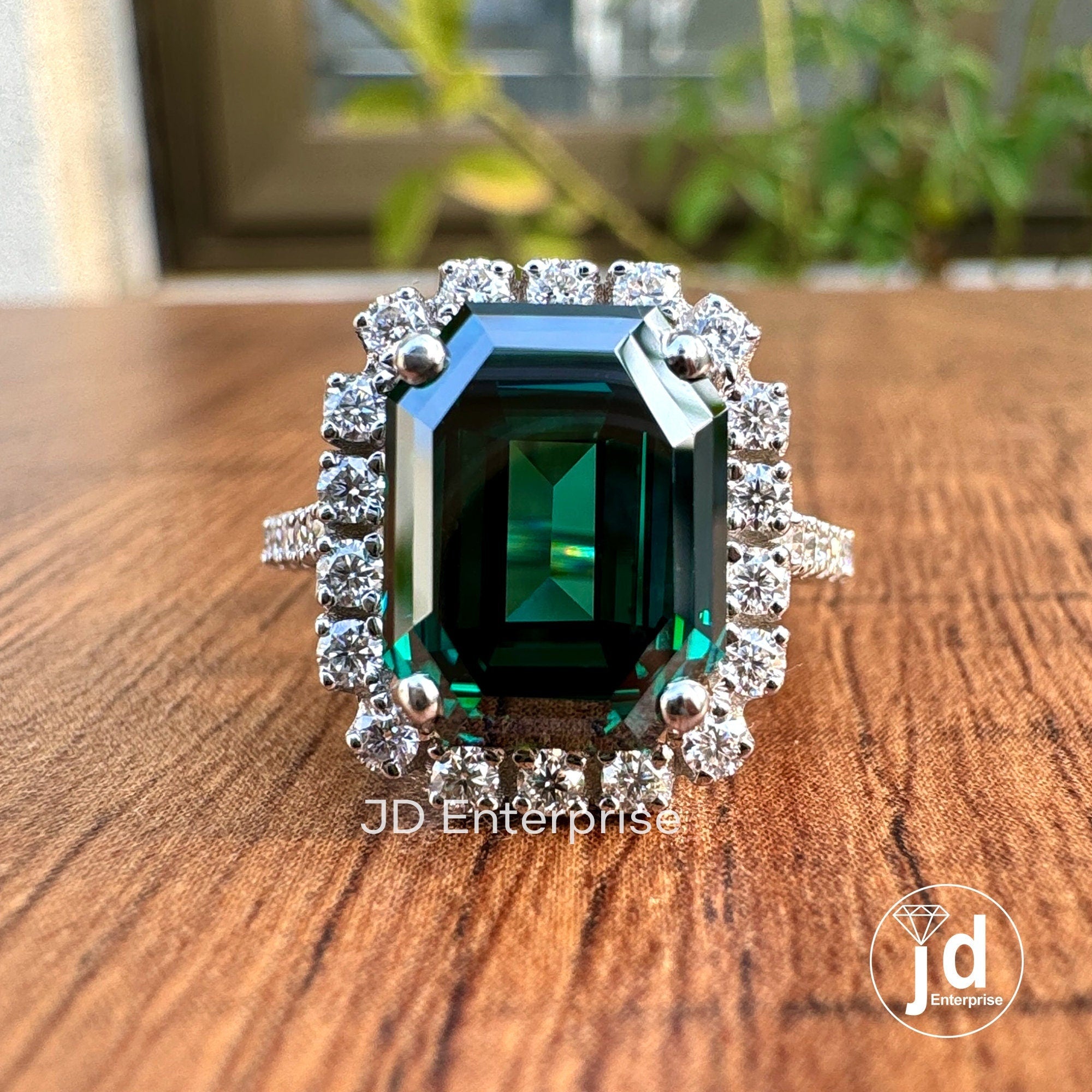 4.87 TCW Emerald Cut Dark Green Moissanite Engagement Ring, Halo Ring, Wedding Ring, Pave Split Shank Ring, Milgrain Ring, Art Deco Ring