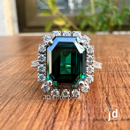 4.87 TCW Emerald Cut Dark Green Moissanite Engagement Ring, Halo Ring, Wedding Ring, Pave Split Shank Ring, Milgrain Ring, Art Deco Ring