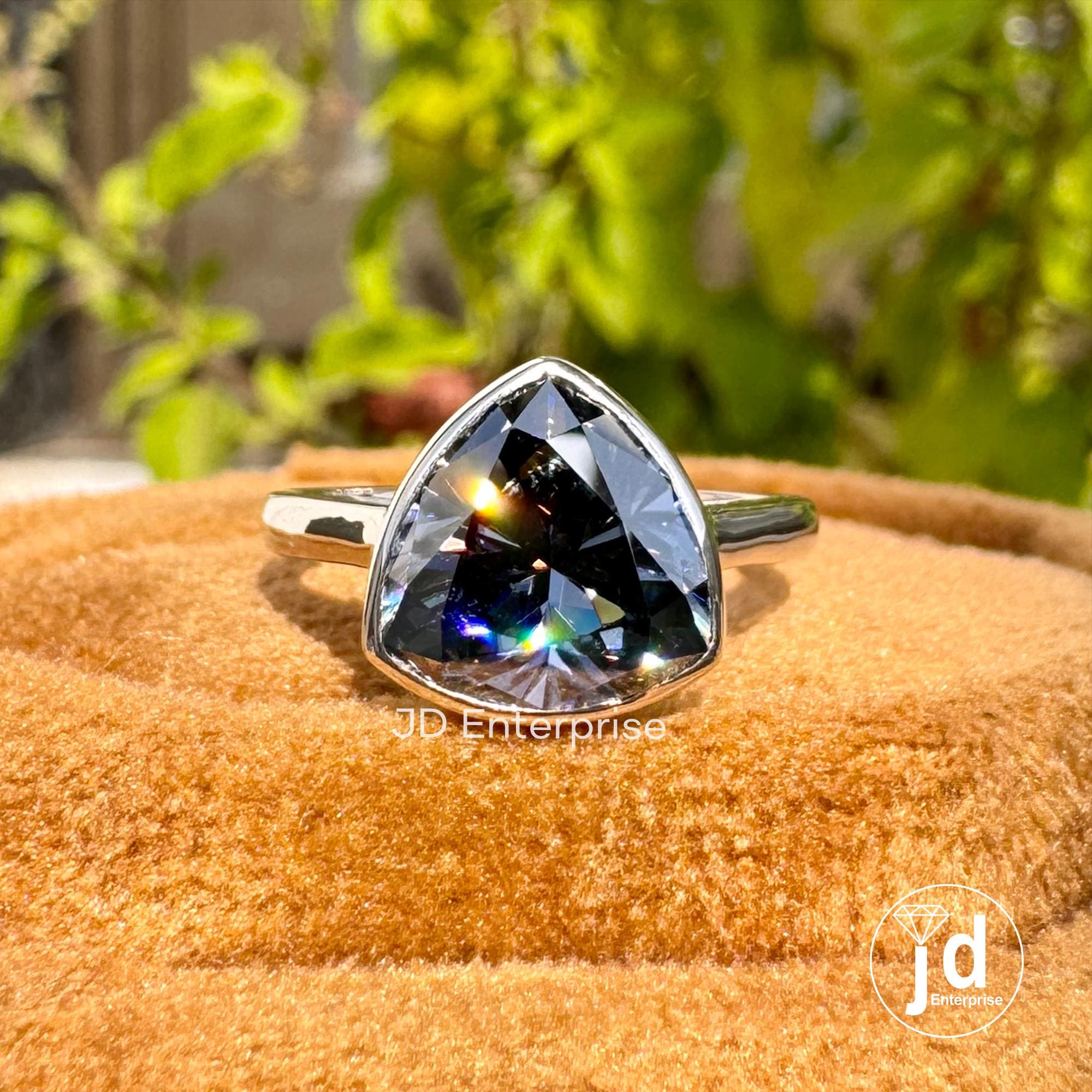 Bezel Set 2.35 CT Trillion Cut Gray Moissanite Engagement Ring, Solitaire Wedding Ring, Solid Yellow/White/Rose Gold Ring, Anniversary Gift
