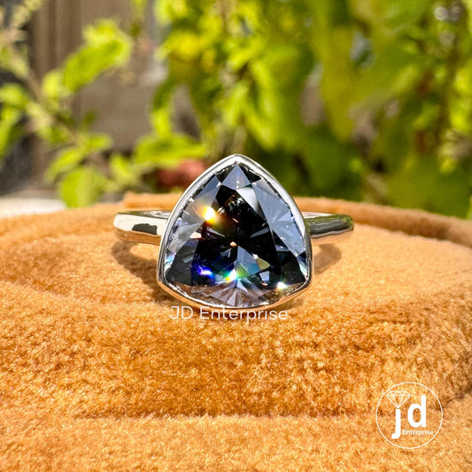 Bezel Set 2.35 CT Trillion Cut Gray Moissanite Engagement Ring, Solitaire Wedding Ring, Solid Yellow/White/Rose Gold Ring, Anniversary Gift