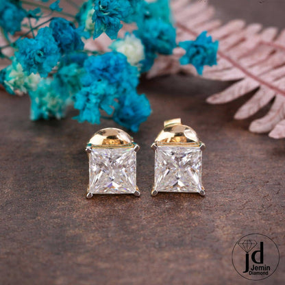 7.50MM Princess Cut Moissanite Earrings / 14K Yellow Gold Solitaire Moissanite Earrings / Princess Studs For Gift