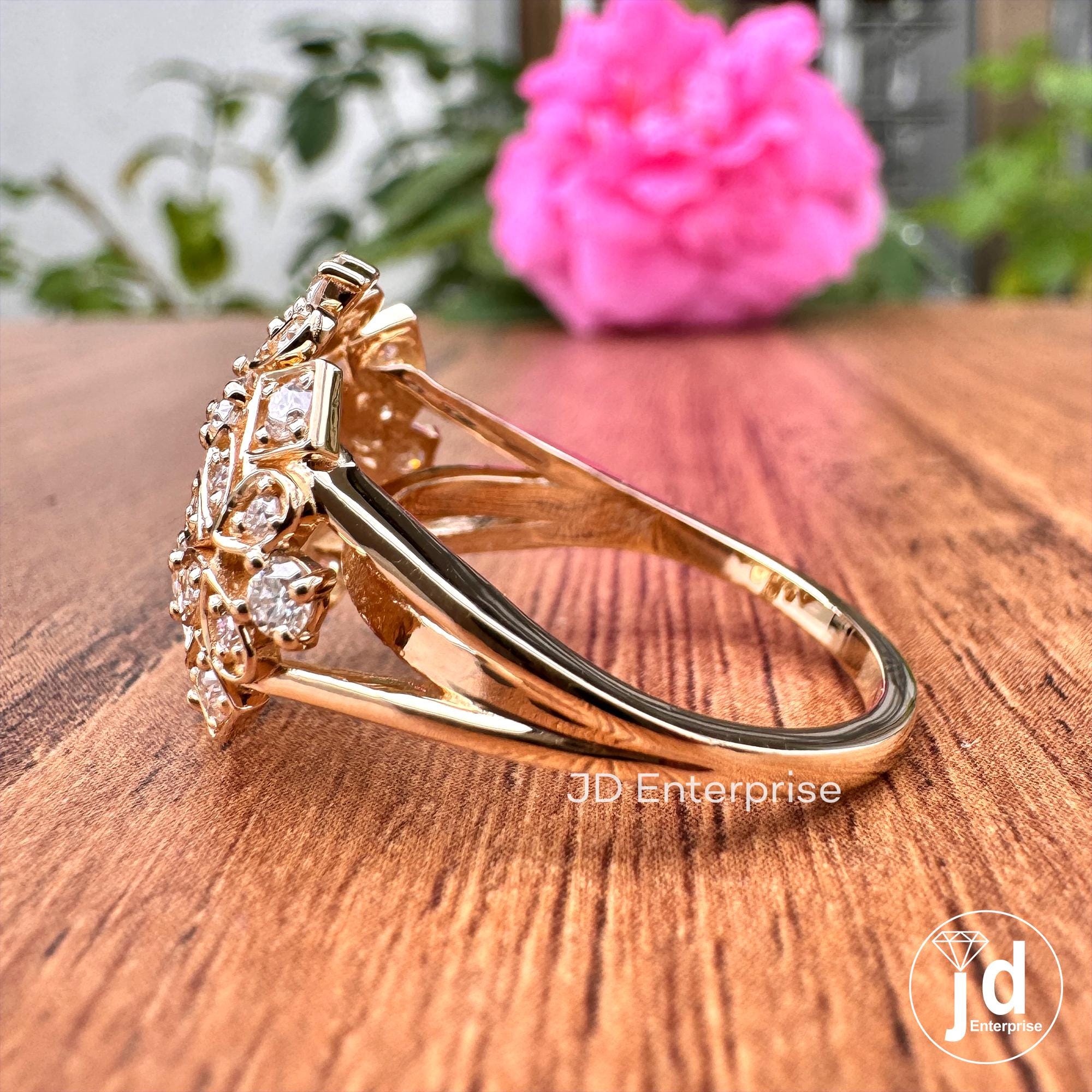 Cocktail Rhombus Bridal Ring, Cluster Set Moissanite Ring, Floral Style Round Cut Moissanite Engagement Ring, 18k Yellow Gold Wedding Ring