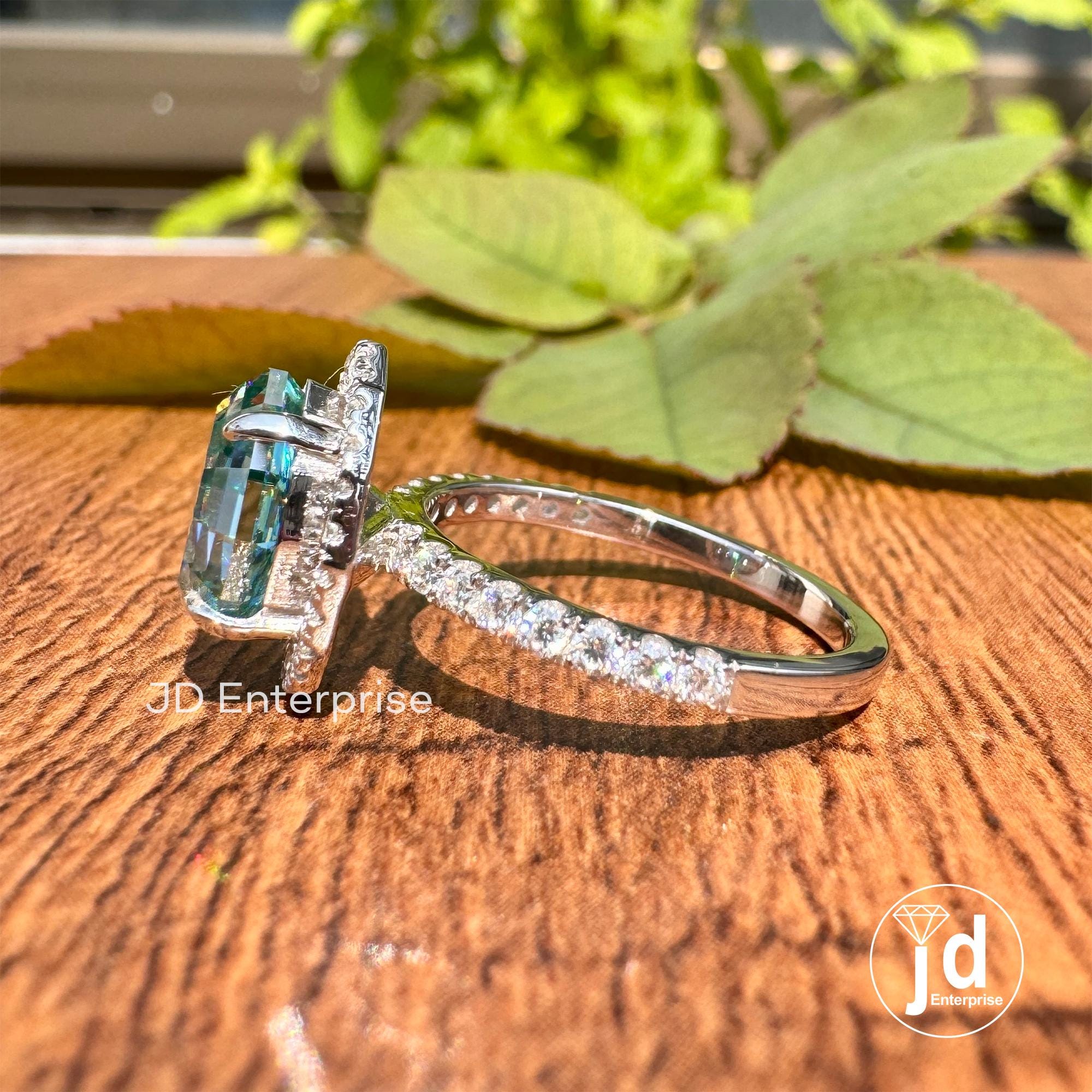 3 CT Bluegreen Moissanite Anniversary Ring, Step Cut Oval Wedding Ring, Halo Engagement Ring, Round Assent Set Bridal Ring, Proposal Ring