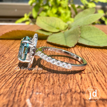 3 CT Bluegreen Moissanite Anniversary Ring, Step Cut Oval Wedding Ring, Halo Engagement Ring, Round Assent Set Bridal Ring, Proposal Ring
