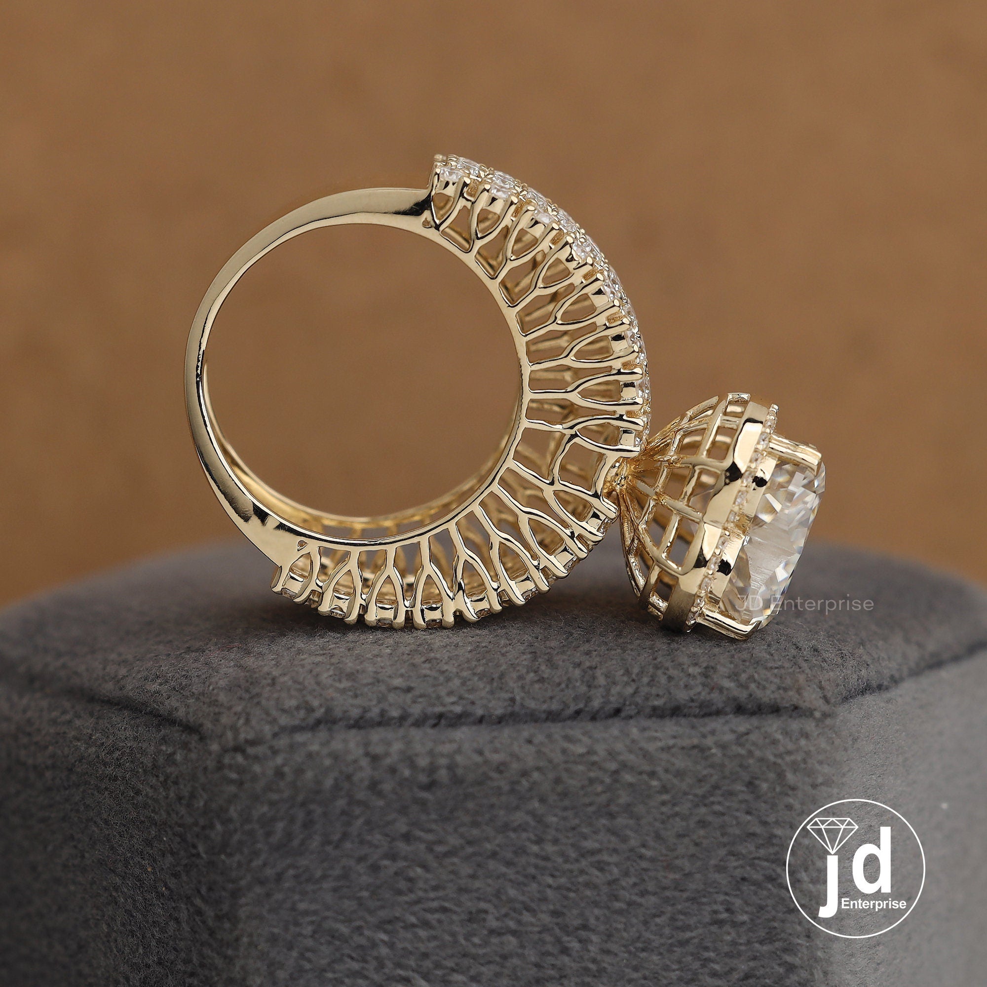 6.00 CT Colorless Heart Shape Moissanite Halo Engagement Ring, Tulip Basket Set Wedding Ring, Four Row Pave Accent Ring, Yellow Gold Ring