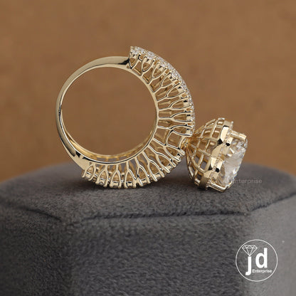 6.00 CT Colorless Heart Shape Moissanite Halo Engagement Ring, Tulip Basket Set Wedding Ring, Four Row Pave Accent Ring, Yellow Gold Ring
