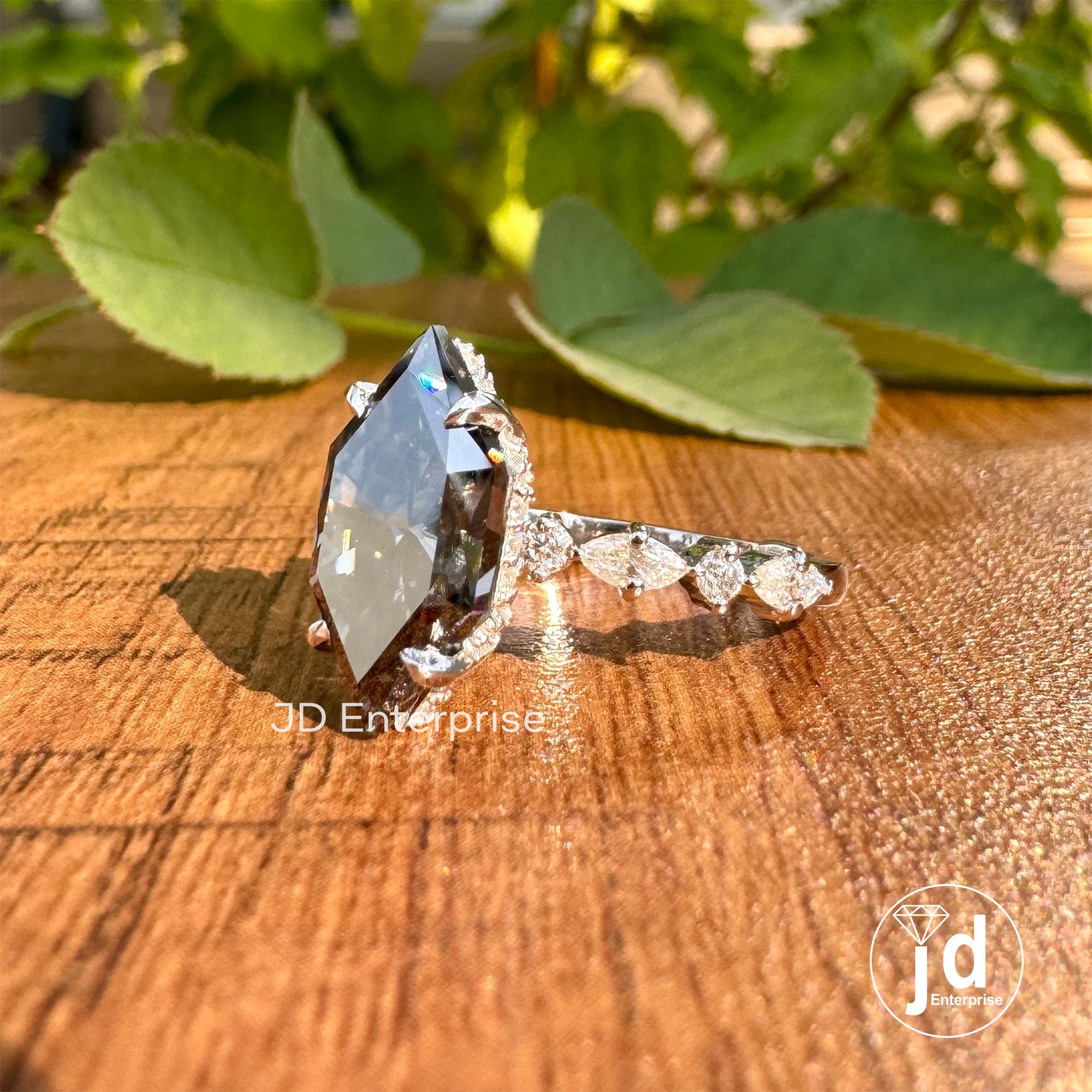 Dutch Marquise Cut Dark Grey Moissanite Engagement Ring, 3.00CT Moissanite Hidden Halo Wedding Ring for Women, Claw Prongs, Comfort Fit Ring