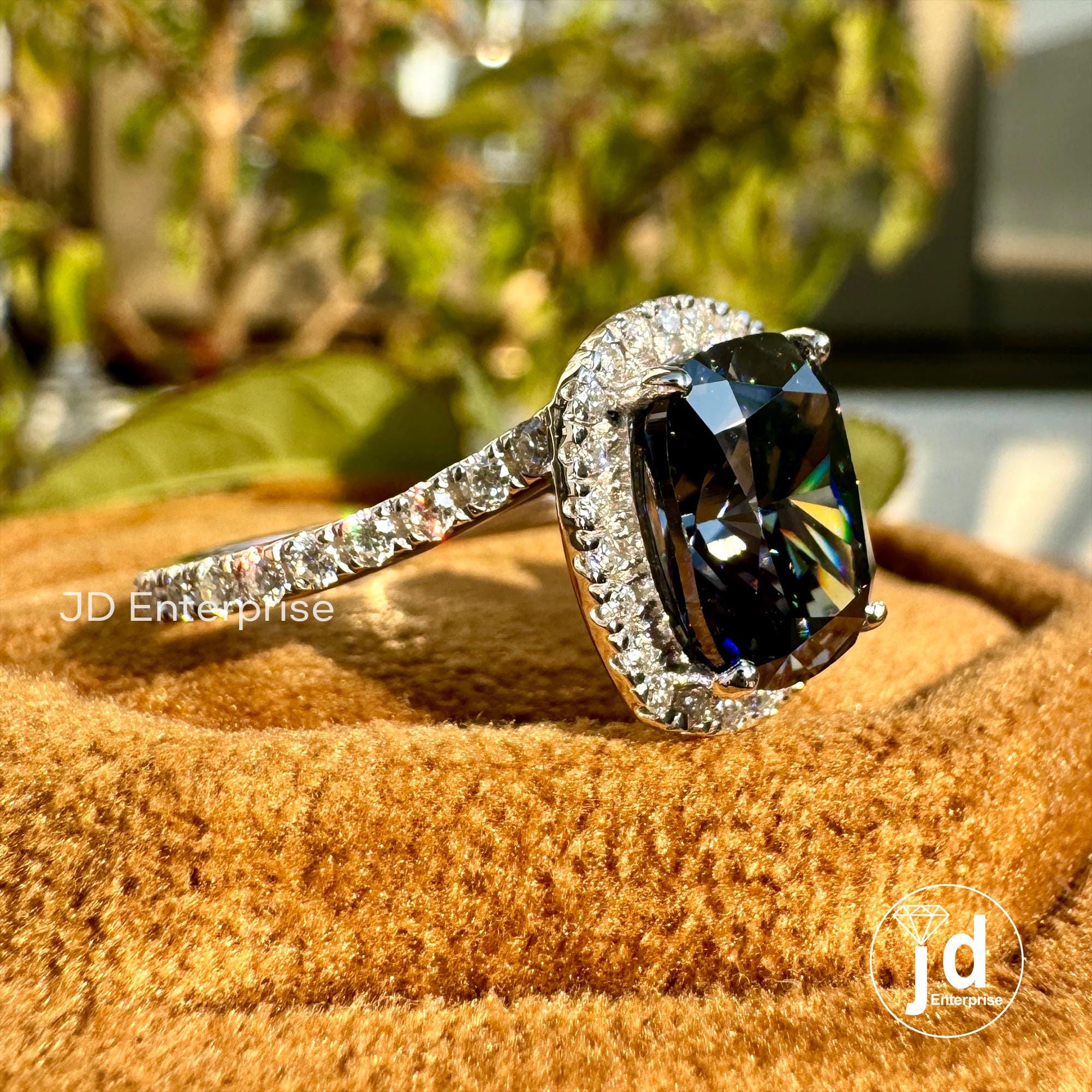 3.00 CT Elongated Cushion Cut Dark Grey Moissanite Engagement Ring, Halo Wedding Ring, Pave Set Bypass Shank, Bridal Ring, Anniversary Ring