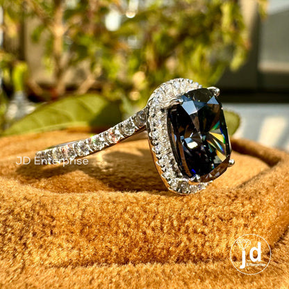 3.00 CT Elongated Cushion Cut Dark Grey Moissanite Engagement Ring, Halo Wedding Ring, Pave Set Bypass Shank, Bridal Ring, Anniversary Ring