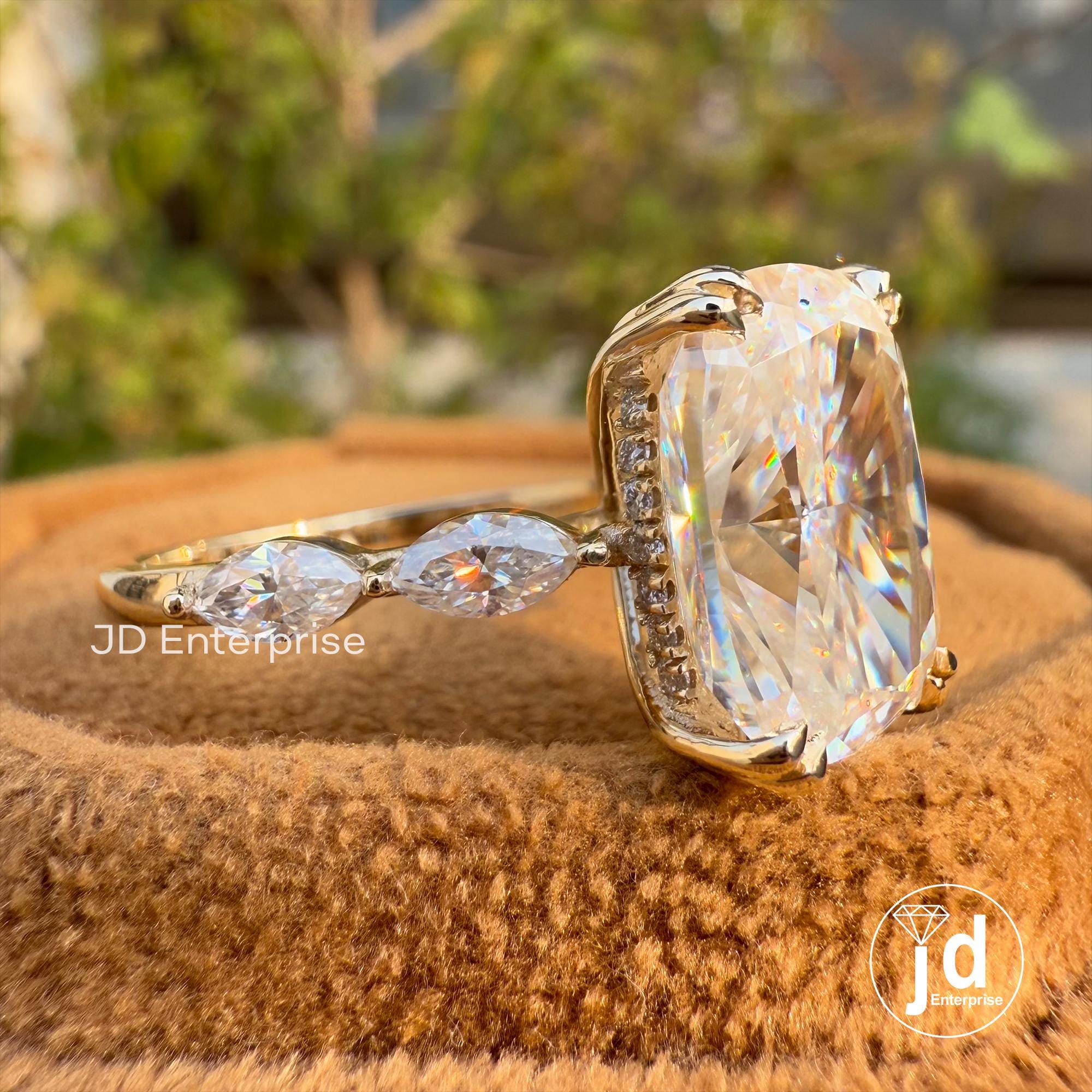 5.00 CT Colorless Elongated Cushion Cut Engagement Ring, Marquise Accent Stone Wedding Ring, Hidden Halo Ring, Anniversary Gift Ring