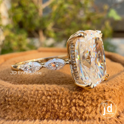 5.00 CT Colorless Elongated Cushion Cut Engagement Ring, Marquise Accent Stone Wedding Ring, Hidden Halo Ring, Anniversary Gift Ring