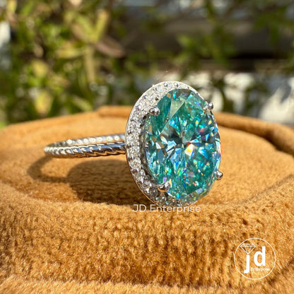 2.82 TCW Blue Oval Cut Moissanite Wedding Ring, Halo Engagement Ring, Twisted Rope Band, Anniversary Gifts, Bridesmaid Ring, Promise Ring