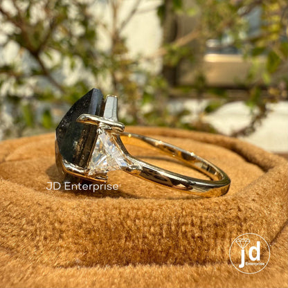 Raw Diamond Step Cut Hexagon & Triangle Moissanite, Salt and Pepper, Yellow Gold Engagement Ring, Three Stone Geometric Diamond Wedding Ring