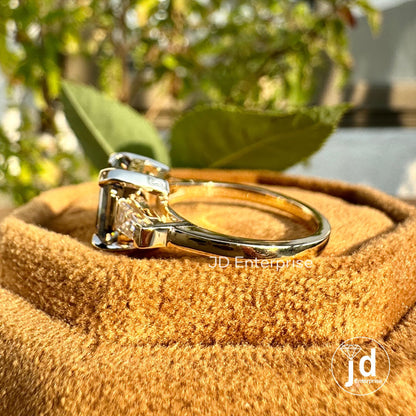 3.00 CT Asscher Cut Dark Grey Moissanite Engagement Ring, Three Stone Wedding Ring, Tapered Baguette Accent Ring, Yellow Gold Ring, Bridal