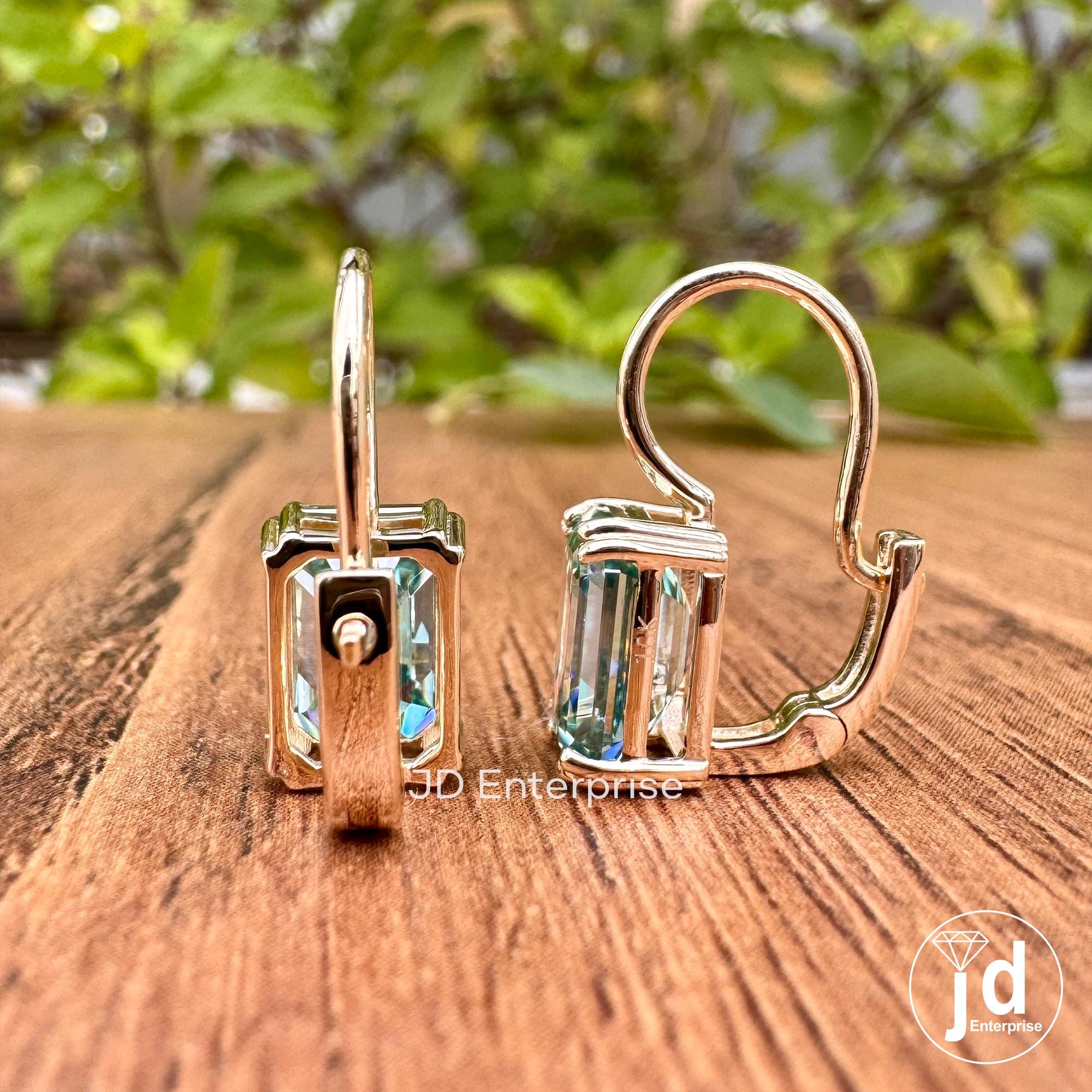 4.70 TCW Bluegreen Emerald Cut Moissanite Earrings, Moissanite Wedding Earrings, Emerald Cut Dangle Earrings, 10kt Yellow Gold Earrings