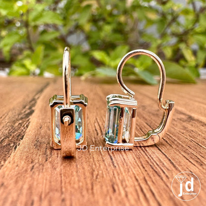 4.70 TCW Bluegreen Emerald Cut Moissanite Earrings, Moissanite Wedding Earrings, Emerald Cut Dangle Earrings, 10kt Yellow Gold Earrings
