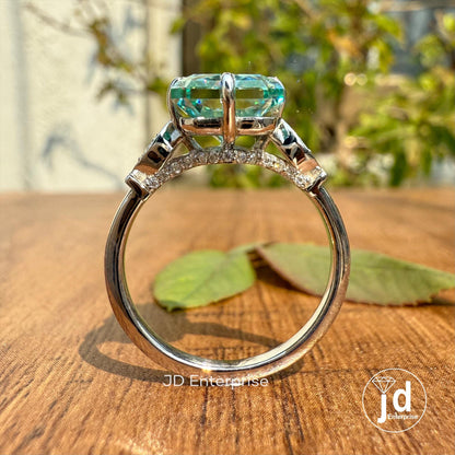 4.00 CT Radiant Cut Cyan Blue Moissanite Engagement Ring, Milgrain Wedding Ring, Compass Set Prongs, Bridal Ring, Anniversary Gifts Ring