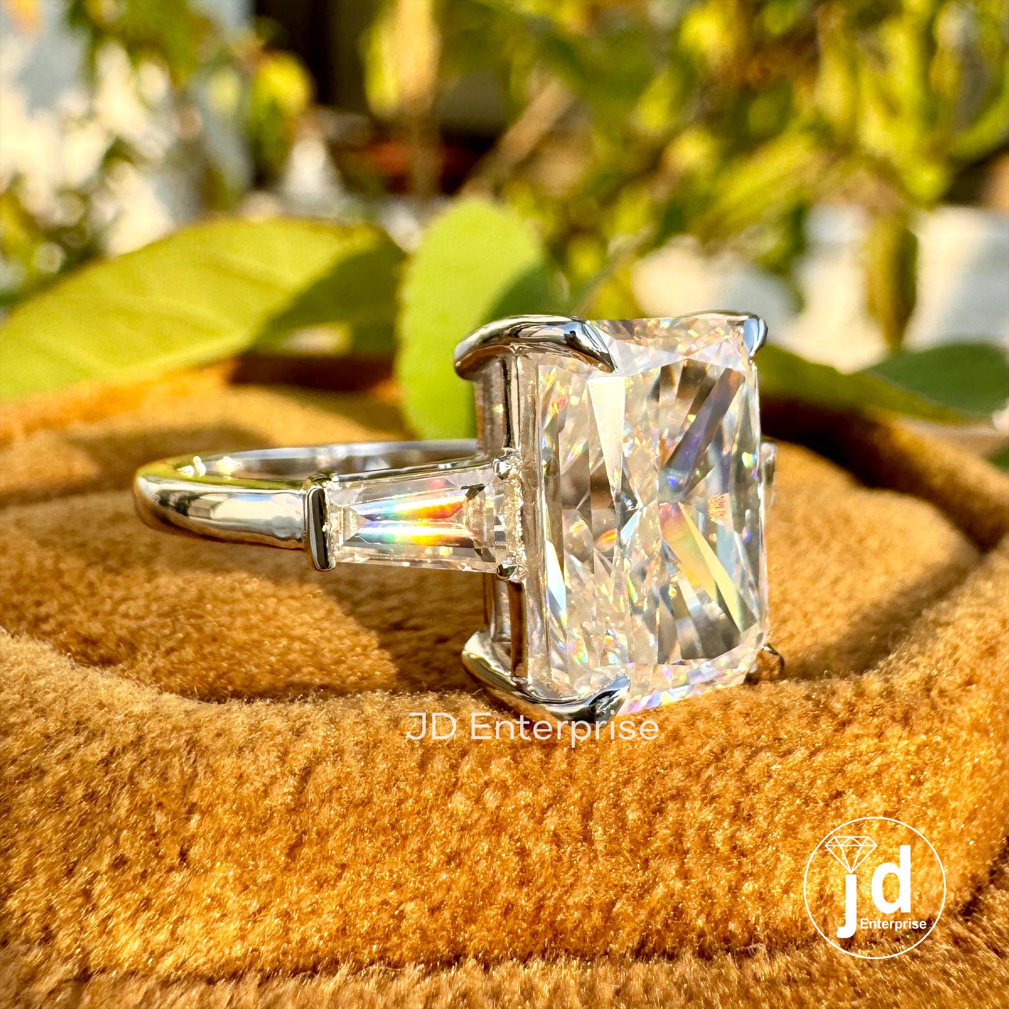 Three Stone Moissanite Wedding Ring, 4.80 TCW Radiant Cut & Tapered Baguette Moissanite Engagement Ring, Anniversary Gift, Bridal Ring