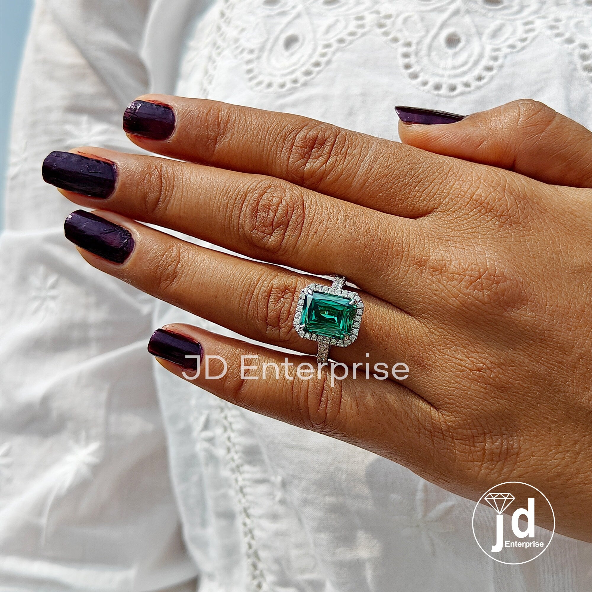 5.00 CT Criss Cut Green Moissanite Engagement Ring, Bridge Petite Pave Halo Wedding Ring, Full Eternity Band, Bridal Ring, Anniversary Ring