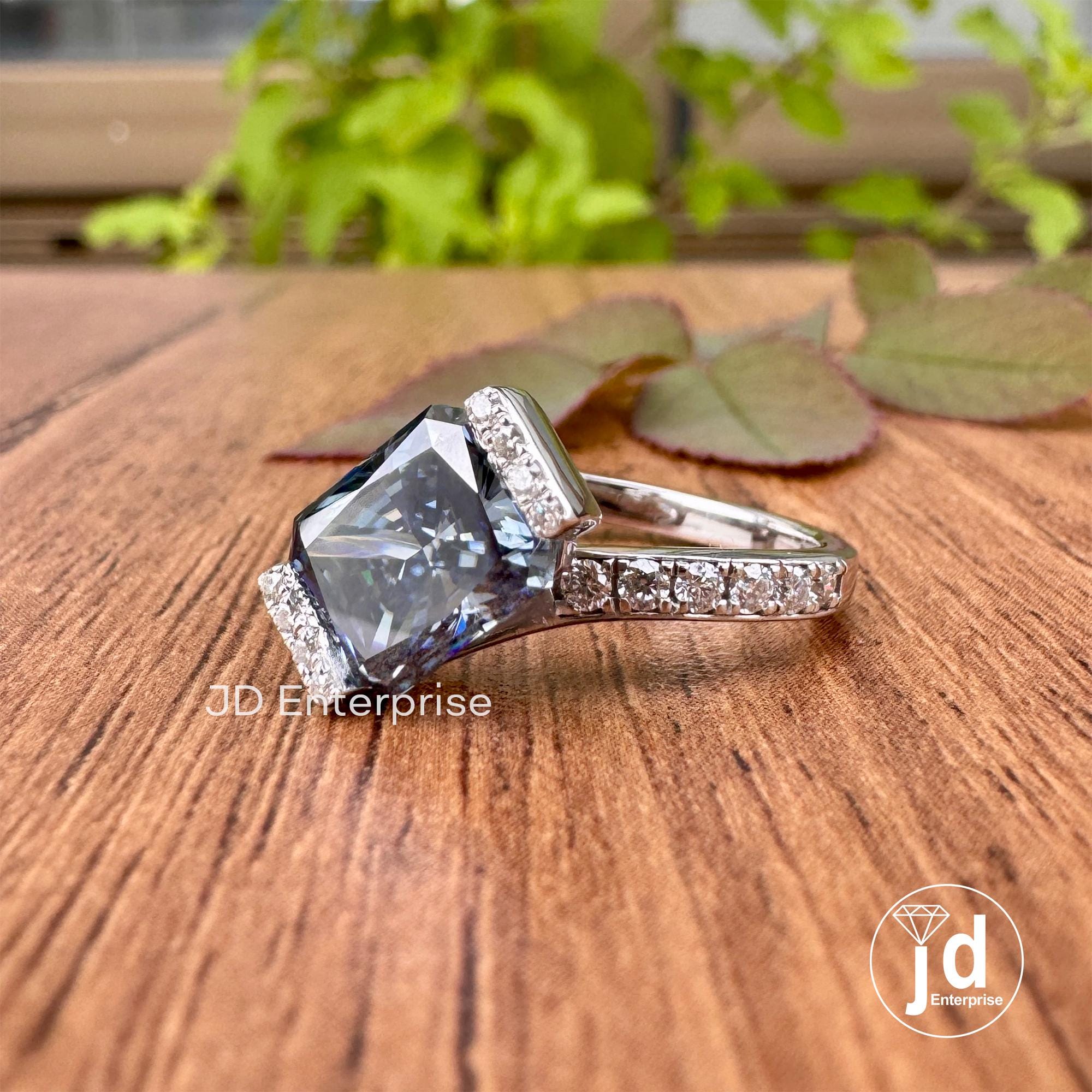2.50 CT Royal Blue Radiant Cut Moissanite Engagement Ring, Half Halo Wedding Ring, Bypass Shank Anniversary Ring, Pave Set Bridal Ring