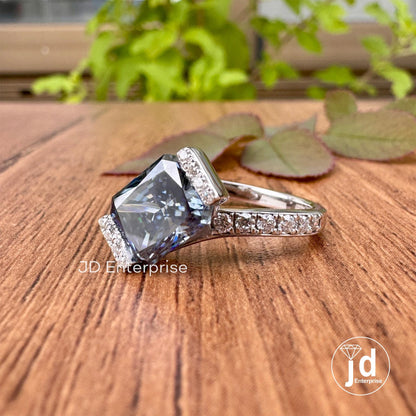 2.50 CT Royal Blue Radiant Cut Moissanite Engagement Ring, Half Halo Wedding Ring, Bypass Shank Anniversary Ring, Pave Set Bridal Ring