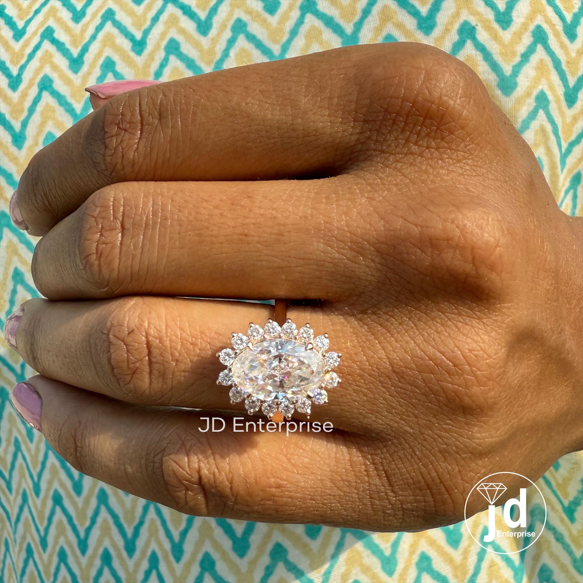 Vintage-Inspired Oval Cut Moissanite Engagement Ring with Floral Sunburst Halo Design in Rose Gold, Perfect Promise/Anniversary/Wedding Gift