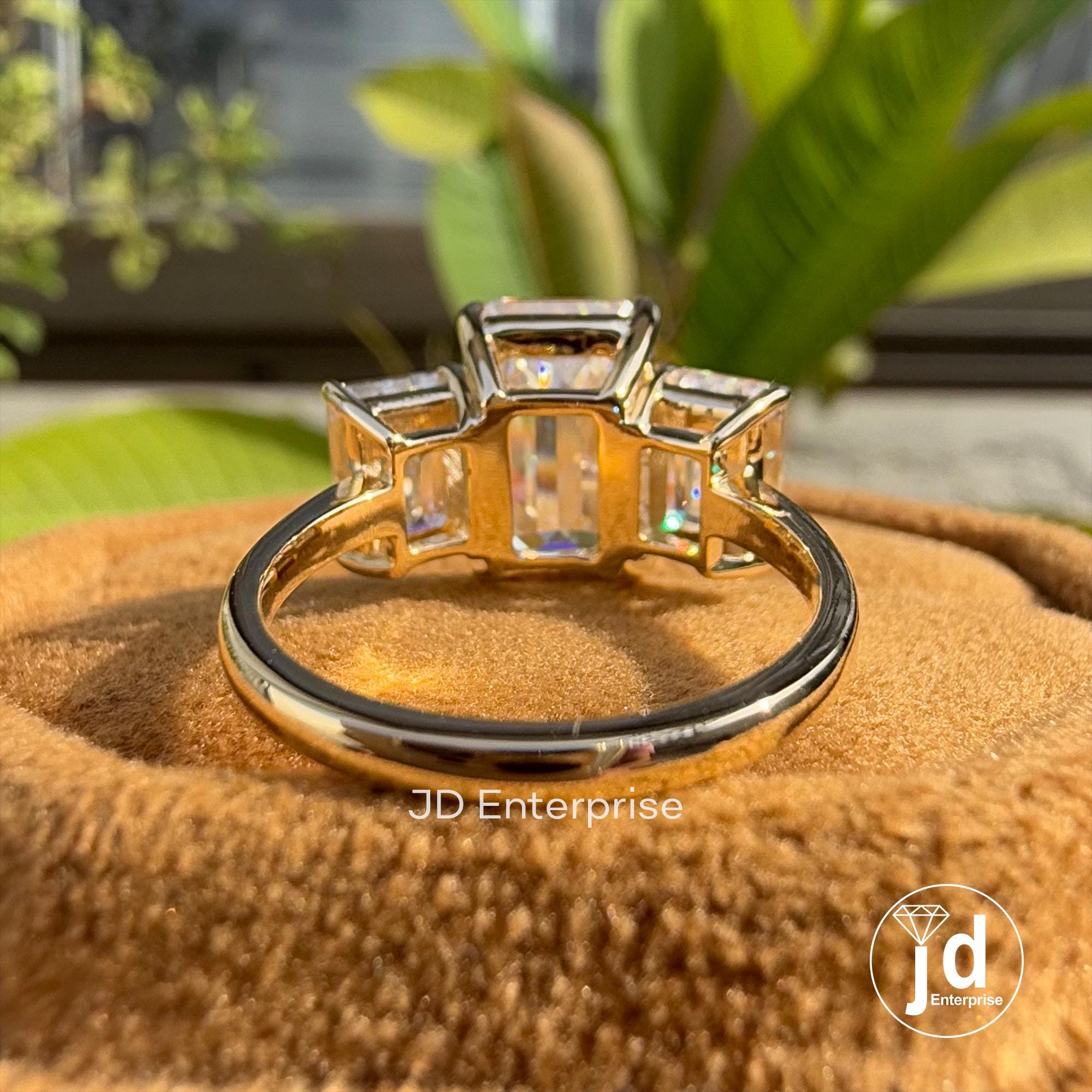 Three Stone Emerald Cut Moissanite Engagement Ring, 6.50 TCW Colorless Emerald Cut Wedding Ring, Claw Prongs, Bridal Ring, Anniversary Gifts