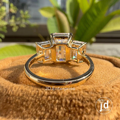 Three Stone Emerald Cut Moissanite Engagement Ring, 6.50 TCW Colorless Emerald Cut Wedding Ring, Claw Prongs, Bridal Ring, Anniversary Gifts
