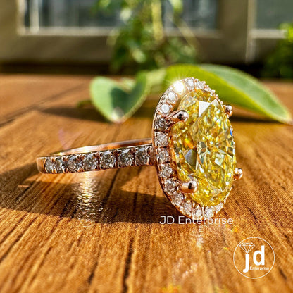 Classic 2.85TW Canary Yellow Oval Moissanite Halo Engagement Ring, Pave Set Wedding Ring, Bespoken Anniversary Ring, Designer Bridal Ring